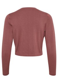 Zkrácený svetr v barvě dusty rose, s dlouhými rukávy, kulatým výstřihem a hladkou, žebrovanou texturou. Bez zapínání nebo vzorů.