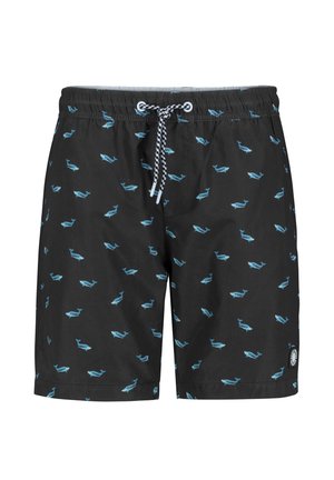Black swim shorts with small blue whale patterns, elastic waistband, and black-and-white drawstring tie at the front center.