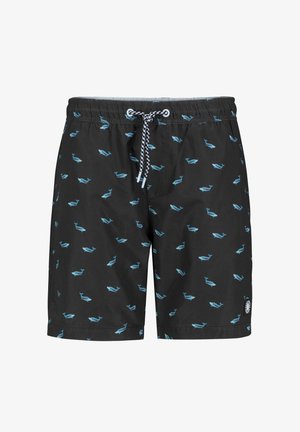 Schwarze Badeshorts mit kleinen blauen Wal-Mustern, elastischem Bund und schwarz-weißem Kordelzug vorne in der Mitte.