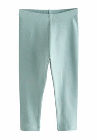 Hellblaue, gerippte Leggings mit elastischem Bund, mit glatter Textur und verkürzter Länge. Keine Muster oder zusätzlichen Akzente.