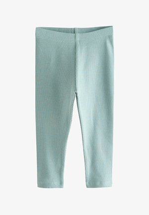 Colanți albastru deschis cu dungi, cu talie elastică, având o textură netedă și lungime scurtată. Fără modele sau accente adiționale.