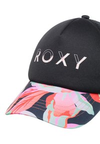 Black cap with "ROXY" logo in pink, featuring a colorful floral pattern on the visor in shades of pink and blue.