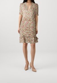 Robe fleurie avec un décolleté en V profond, des manches courtes, des détails froncés et un ourlet à volants. Fabriquée en tissu léger ; les couleurs incluent le rose et le beige.