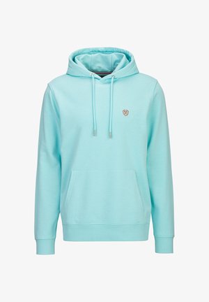 Light blue hooded sweatshirt with front pocket and adjustable drawstrings, featuring a small shield logo on the left chest.