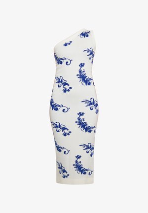 Valge, istuv, ühe õlaga kleit siniste lillemustritega. Materjal tundub venitatav, sileda tekstuuriga ja põlvekõrgune.