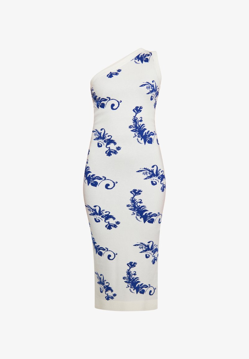 Weißes, enganliegendes, einseitiges Kleid mit blauen Blumenmustern. Das Material scheint dehnbar mit einer glatten Textur zu sein und hat einen knielangen Schnitt.