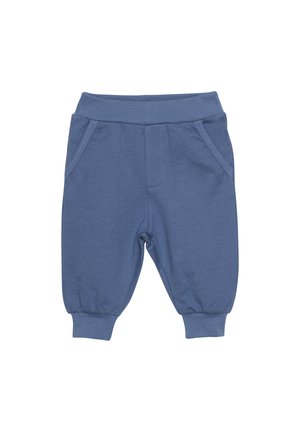Blaue Baumwoll-Toddler-Hosen mit einem elastischen Bund, zwei Vorderaschen und gerafften Bündchen an den Knöcheln. Glatte Textur und lässiges Design.