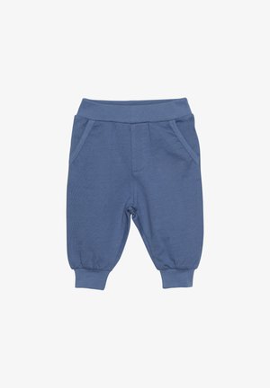 Blå bomuldsbukser til småbørn med elastisk talje, to forlommer og rynkede manchetter ved anklerne. Glat tekstur og afslappet design.