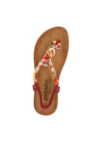 Infradito con un sottopiede imbottito marrone e cinturini multicolori con dettagli in tonalità argento e un design intrecciato.