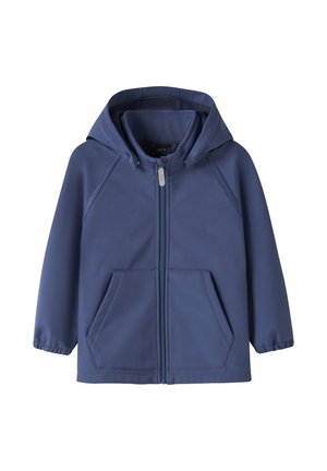 Blaue Kapuzenjacke mit durchgehendem Frontreißverschluss, zwei Fronttaschen und elastischen Bündchen an den langen Ärmeln.