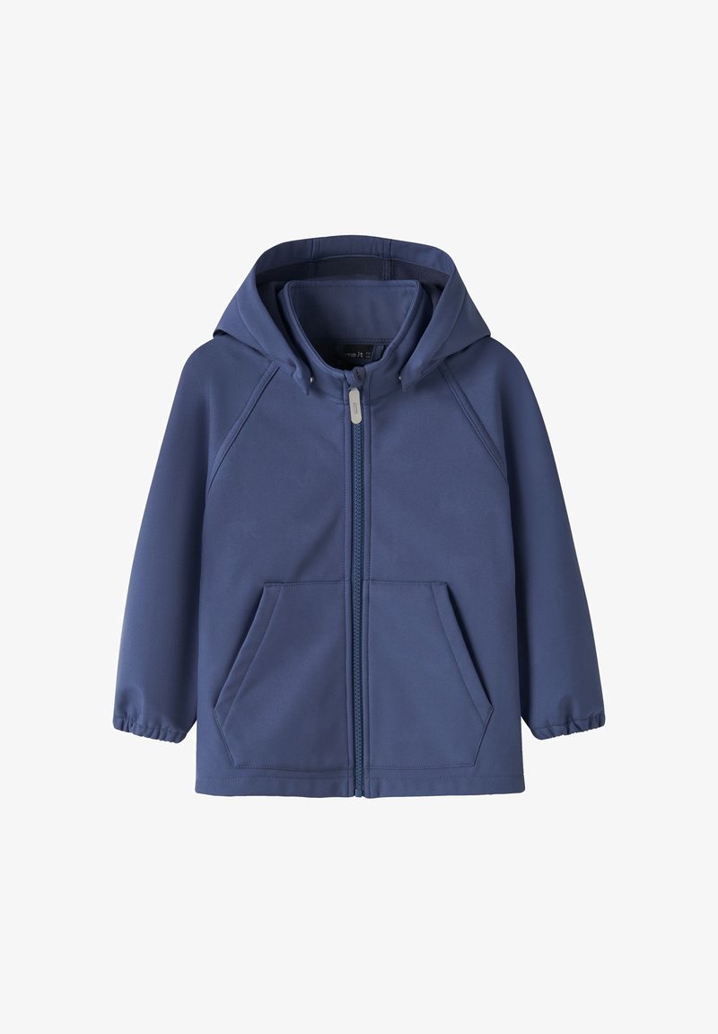 Veste à capuche bleue avec fermeture éclair complète à l'avant, deux poches avant et poignets élastiques aux manches longues.