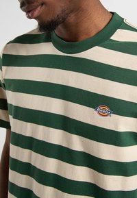 Striped t-shirt in dark green and cream, featuring  horizontal stripes, a round crew neck, and a small Dickies logo on the chest.