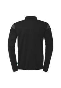 Zwart langemmouw shirt met kraag, voorzien van grijze schouderaccenten en een gladde textuur, geschikt voor casual of sportieve kleding.