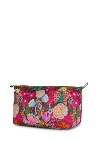 Cosmetic tas in een levendig bloemmotief met roze, rode en groene accenten. Gemaakt van gestructureerde stof, met een ritssluiting en logo-detail.