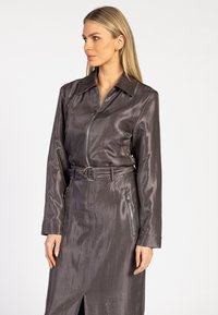 Lange zilvergrijze ritsjurk met een kraag, een ceintuur in de taille, zijzakken met rits en een lengte-split aan de voorkant, met een strakke, glanzende textuur.