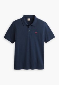 Mörkblå polo skjorta i bomull, med krage, treknappsslutning och en liten röd Levi's-logotyp på vänster bröst.