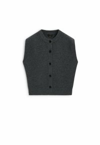 Tummanharmaa ilman hihoja oleva kardijaali, joka on valmistettu pehmeästä villasta. Siinä on pyöreä kaula-aukko, kuusi mustaa nappia ja ribbireunat.