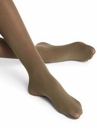 Collant trasparenti semi-opachi in un colore marrone tenue, con una superficie liscia e design open toe, che mettono in mostra un profilo gamba elegante e continuo.