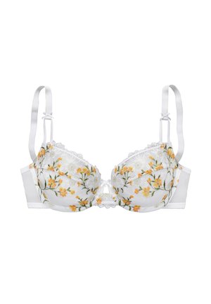White lace bra with yellow and green floral embroidery, adjustable straps, and a small central bow detail.