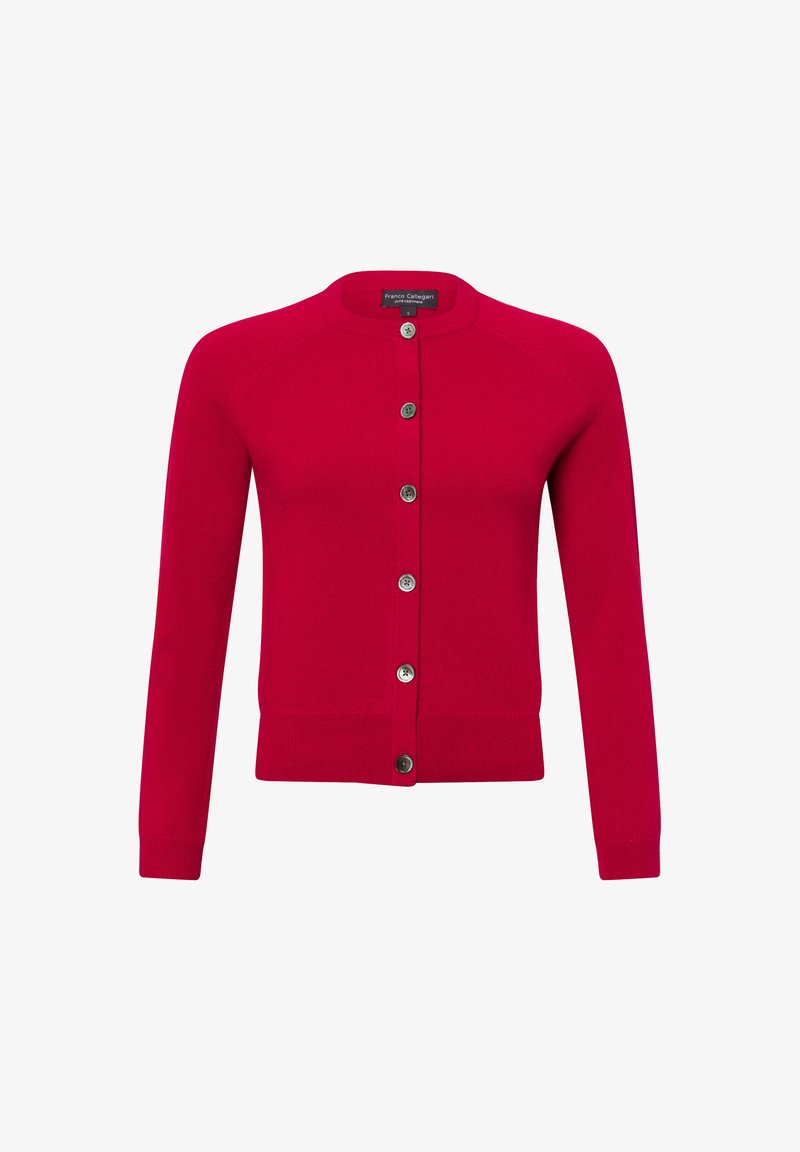 Roter Strickcardigan mit rundem Ausschnitt, Knöpfen auf der Vorderseite und langen Ärmeln. Verfügt über gerippte Bündchen und Saum für mehr Textur.