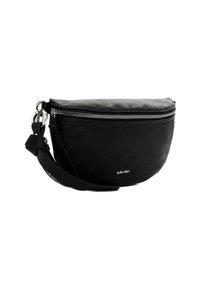 Borsa a spalla nera con superficie testurizzata e parte superiore liscia, dotata di una cerniera argento e una tracolla regolabile. Logo esposto sul davanti.