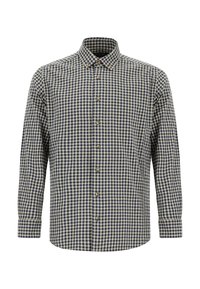 Overhemd met lange mouwen in marineblauw en crème geruit patroon, met een button-down kraag en bruine knopen aan de voorkant en manchetten.