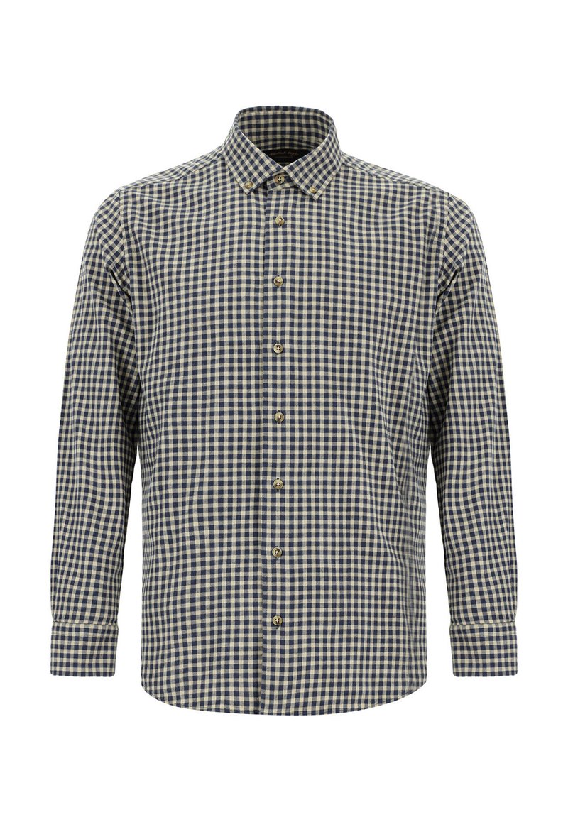 Overhemd met lange mouwen in marineblauw en crème geruit patroon, met een button-down kraag en bruine knopen aan de voorkant en manchetten.