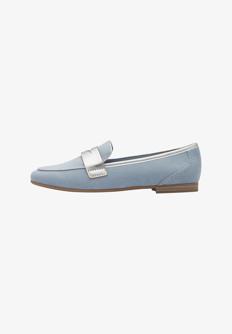 Blue suede loafers with a silver accent strap and trim, low rubber heel, and clean, rounded toe design. Smooth texture with minimal stitching.
