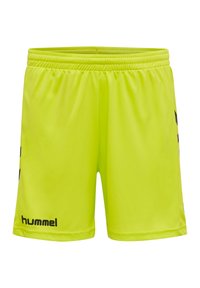 Neon-gelbe Sportshorts mit elastischem Bund, glatter Textur und schwarzem Logo sowie Akzenten an den Seiten. Klassisches, funktionales Design.