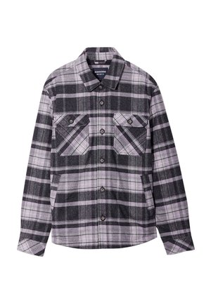 Long-sleeve plaid shirt, featuring gray, black, and lavender colors. Made from a soft fabric, with two chest pockets and button closure.