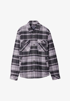 Long-sleeve plaid shirt, featuring gray, black, and lavender colors. Made from a soft fabric, with two chest pockets and button closure.