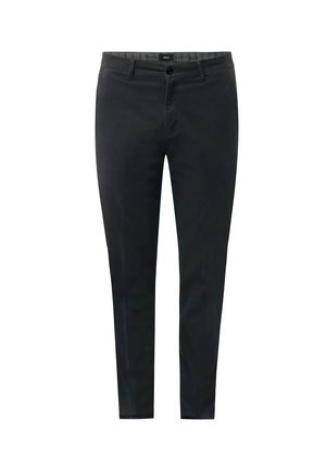 Schwarze Hosen in Slim-Fit-Style, aus glattem Baumwollstoff. Mit einem vorderen Knopfverschluss und dezenten Streifen am Bund.