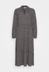 Robe midi noire à manches longues avec petit motif floral blanc, col en V et détail froncé à la taille.