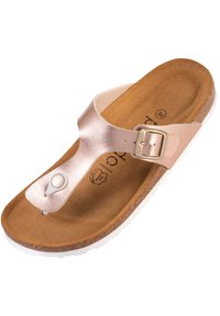 Sandalo thong metallico in rosa antico con plantare in sughero, suola in gomma bianca e cinturino regolabile con dettaglio in fibbia dorata.