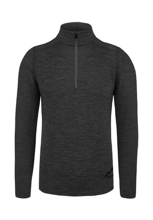 Fleece-Pullover mit Viertelreißverschluss in Dunkelgrau, mit langen Ärmeln, Stehkragen und einem dezenten Markenlogo in der unteren Ecke.