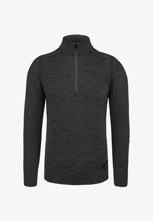 Fleece-Pullover mit Viertelreißverschluss in Dunkelgrau, mit langen Ärmeln, Stehkragen und einem dezenten Markenlogo in der unteren Ecke.