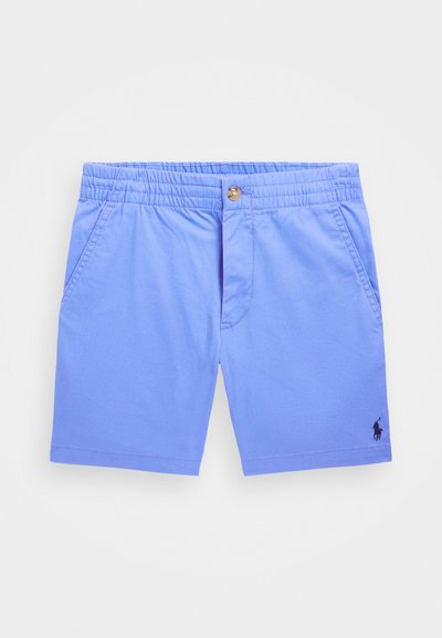 Calções azul-claro com um cós elástico, fecho de botão na frente, bolsos laterais e um pequeno logótipo bordado na barra.