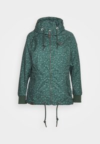 Green quilted jacket with a floral pattern, featuring a hood, drawstring waist, and ribbed cuffs. Zipper closure with leather accents.