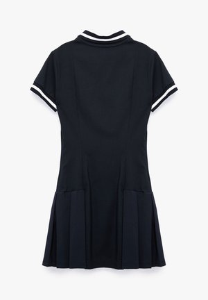 Navy dress with a short fit, featuring a white striped collar and sleeve edges. Textured fabric with pleated skirt detail.