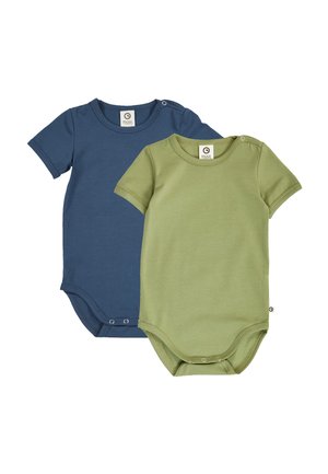 Zwei kurzärmlige Babybodys mit Druckknöpfen, einer in Olivgrün und einer in Marineblau, flach auf einem weißen Hintergrund ausgelegt.