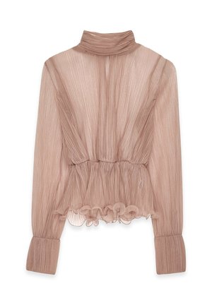 Blouse plissée rose pâle avec un col montant et un ourlet volanté. Manches longues avec des poignets ajustés. Matériau léger et transparent.