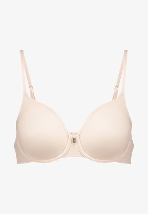 Nude padded beha met een gladde afwerking, ondersteuning door onderdraad, verstelbare banden en een decoratieve sluiting in het midden. Geen zichtbare naden of patronen.