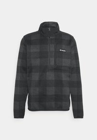 Pull-over en polaire pour homme, noir et gris foncé à carreaux, avec fermeture éclair quart de course et poche poitrine zippée, arborant le logo Columbia sur la poitrine.