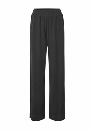 Zwarte wijde broek gemaakt van zachte stof, met een elastische tailleband en recht gesneden pijpen, wat zorgt voor een ontspannen silhouet.