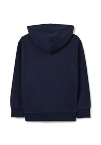 Sudadera con capucha de color azul marino, con mangas largas, puños y dobladillo acanalados, mostrada desde la parte trasera sobre un fondo blanco.