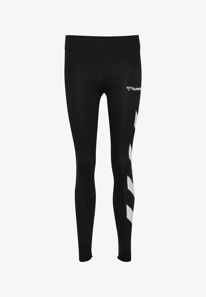 Leggings noirs avec taille haute, fabriqués à partir d'un tissu lisse et extensible. Présentent un design de bande diagonale blanche sur la jambe gauche.