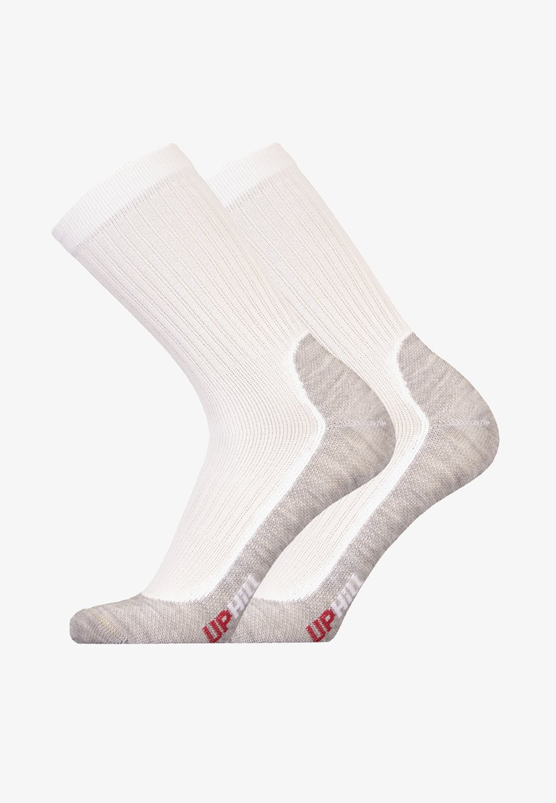White ribbed crew socks with gray heel and toe sections, featuring a red "UP HILL" logo on the underside. Soft, elastic material.