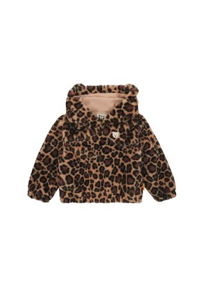 Soft, hooded toddler jacket with brown and black leopard print and a small beige bear face patch on the chest.