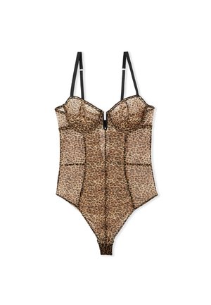 Body en imprimé léopard réalisé en matière transparente. Présente un design ajusté avec des coquilles sous-vêtements, des bretelles ajustables et des finitions noires.