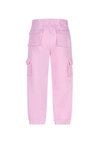 Pantaloni cargo rosa con una texture morbida, cintura elastica e numerose tasche applicate sulle gambe, dotati di polsini a costine alle caviglie.